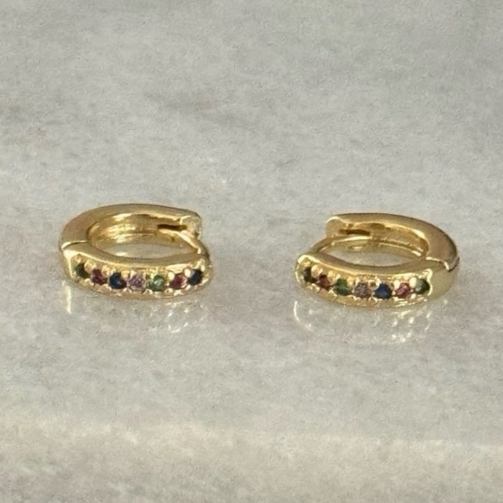 Gold Rainbow Crystal Pave Micro Mini Small Huggie Hoop Earrings 

Brand New